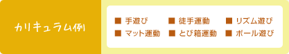 カリキュラム例 ■ 手遊び ■ 徒手運動 ■ リズム遊び ■ マット運動 ■ とび箱運動 ■ ボール遊び